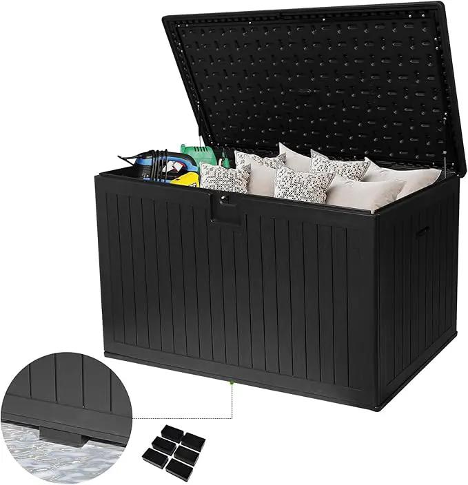 320 Gallon Outdoor Storage Box Waterproof, Extra Large Plastic Outside Deck Box Weatherproof, Resin Outdoor Cushion Storage Container with Lock and Lids for Cushion and Pool Equipment, Black