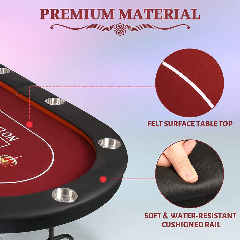 10 Players Folding Casart Poker Table Card Game Table with Metal Frame and 10 Cup Holders, Red