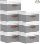 Yawinhe Collapsible Storage Bin, Cube Organizer Basket, Fabric Box with Lids, Washable and Leather Handle, for Home, Closet, White/Grey, 13.0''Lx9.0''Wx7.9''H, 7-Pack, SNK024WGS-7 by TinyTreasures Baby Boutique