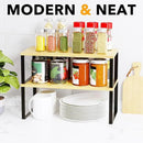 SpaceAid Cabinet Shelf Organizers 2 Pack, Kitchen Counter Rack Shelves Riser, Stackable Expandable Spice Rack, Pantry Cupboard Storage Organization (Black and Natural, Long) by CozyNest Decor