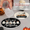 Coaster for Drinks Set of 6, Halloween Black and White Ghost Pumpkins Absorbent Round Ceramic Stone Mat, with Cork Base and Metal Holder, Gift for Housewarming Room Bar Decor by CozyNest Decor