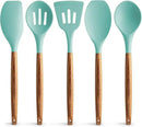 Zulay Kitchen Non-Stick Cooking Utensils Set with Authentic Acacia Wood Handles – 5-Piece Durable & Stylish Silicone Kitchen Utensils Set – Heat Resistant to 464°F – Aqua by CozyNest Decor
