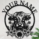 Personalized Highland Cow Name metal Signs,Custom Highland Cow Metal Shed Wall Decor,Black Metal Wall Art Plaques Outdoor wall Decorative Signage (Style H) by CozyNest Decor