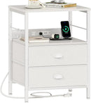 Furologee Night Stand with Charging Station, Bedside Table with Fabric Drawers, End Table with USB Ports & Outlets, White Nightstand with Storage Shelf & Hooks, for Living Room/Bedroom, White by CozyNest Decor