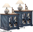 Farmhouse End Table Set of 2 with Charging Station, 24" Large Sofa Side Table with Glass Barn Door, Night Stand with Adjustable Shelf, Wood Nightstand, Square Bed Side Table for Living Room,Bedroom by CozyNest Decor