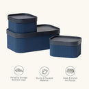 La Jolie Maison Fluted Cardboard Storage Baskets with Vegan Leather Lids, Sturdy Stackable Paper Boxes Decorative Tray, Basket Organizer Bins for Bathroom Bedroom Organizing, Navy Blue, Set of 3 by CozyNest Decor