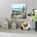 Bathroom Wall Art Coastal Décor Nautical Boat on Beach Canvas Picture Ocean Seagull Seascape Canvas Print Sea Bird Farmhouse Artwork for Seashore Bedroom Living Room Small Square Blue Teal 14x14" by CozyNest Decor