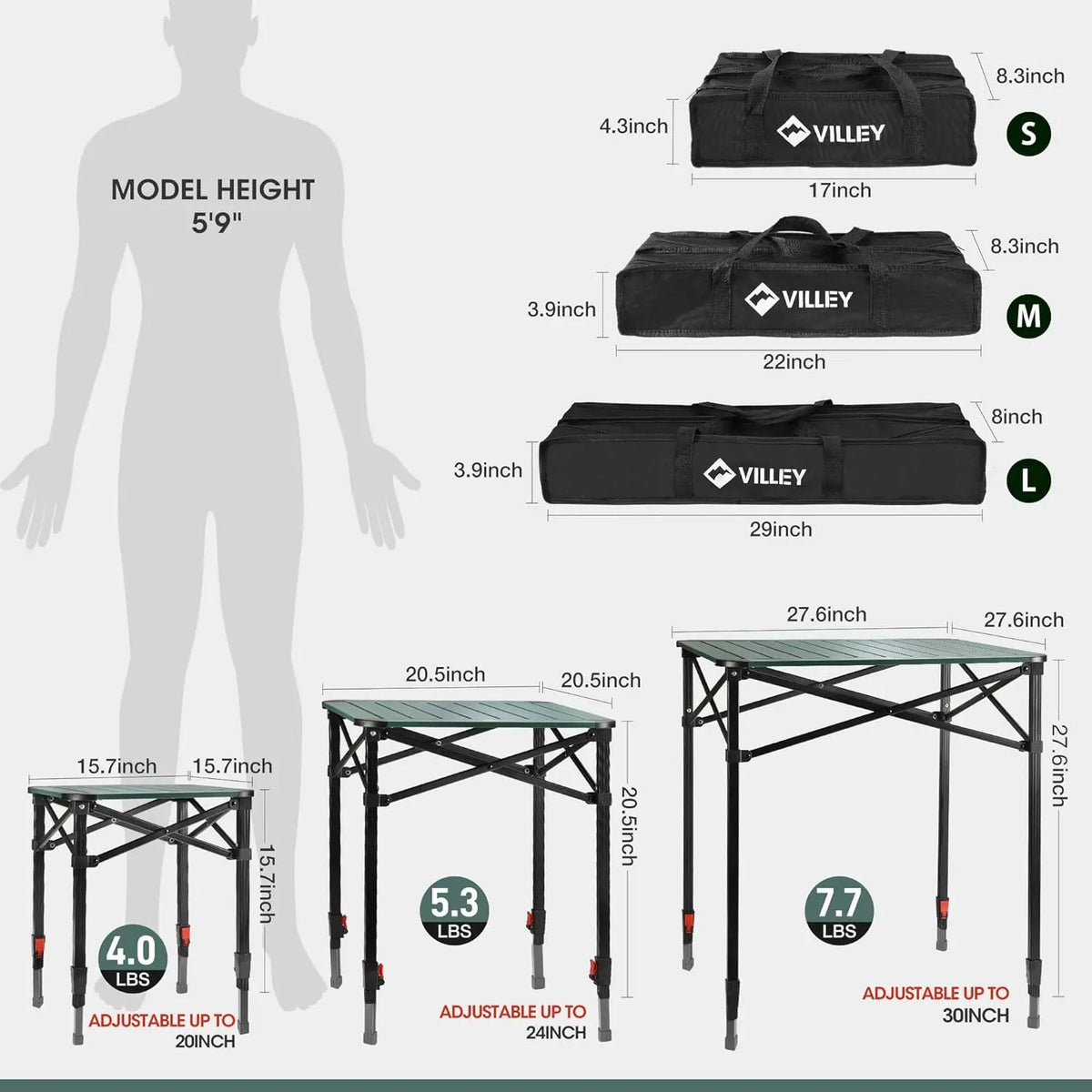 VILLEY Folding Camping Square Table with Carry Bag, Lightweight Aluminum Adjustable Square Table for Outdoor, Camping, Picnic, Backyards, BBQ (M), photo 3 of 6