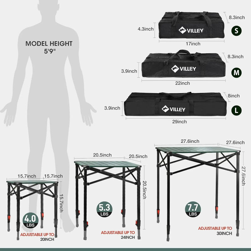 VILLEY Folding Camping Square Table with Carry Bag, Lightweight Aluminum Adjustable Square Table for Outdoor, Camping, Picnic, Backyards, BBQ (M), photo 3 of 6