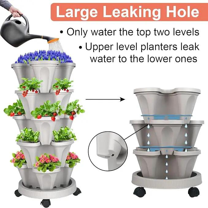 Vertical Planter 5 Tier Stackable Planters Garden Planters Strawberry Herb Flower and Vegetable Planter Indoor Outdoor Gardening Pots with Removable Wheels and Tools 2-Pack, photo 3 of 8