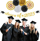 Black Gold Party-Decoration Graduation Banner - 14pcs Kits Cap Garland Streamers, Paper Tissue Pom Poms Flowers Fans Honeycomb,Class Of 2025 College High School Grad Decor Hugfond by CozyNest Decor