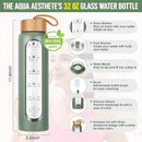 Aqulea Glass Water Bottles 32 Oz with Silicone Sleeve - BPA Free Reusable Wide Mouth Glass Motivational Water Bottles with Fruit Infuser – Leak Proof Borosilicate Water Bottle with Time Marker (Green) by CozyNest Decor