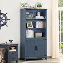 70in Tall Bookshelf 5 Tier Bookcase with Barn Doors and Adjustable Shelves, Blue Farmhouse Book Shelf with Storage Cabinet, Wood Freestanding Display Bookshelves for Bedroom, Living Room by CozyNest Decor