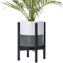 D'vine Dev Ceramic Planter with Ebony Stand - 10 Inch Modern Round Flower Pot with Wood Planter Holder, White/Grey, 55-B-L-6 by GreenHaven Gardens