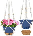 ZMTECH 2 Pack 10 Inch Blue Hanging Planters with Macrame Plant Hanger for Indoor and Outdoor Plants, Self Watering, Drainage Hole, Visible Level Tray by CozyNest Decor