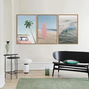 Tinonedraw Large Ocean Beach Framed Canvas Wall Art, Summer Coastal Surfboard Wall Decor, Palm Tree Pink Car Artwork, Modern Surfing Seascape Art Prints for Living Room Bedroom Office 24"x36"x3 by CozyNest Decor