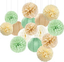 Sage Green-Boho Party-Decorations Paper-Flowers Lanterns - 15PCS Safari Rustic Neutral Baby Shower Tissue Pom Poms Streamers, Champagne Gold Birthday Wedding Graduation Hanging Supplies Decor Hugfond by CozyNest Decor