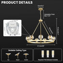 Gold Wagon Wheel Chandelier, 36 Inch Brass Chandeliers with Unique Glass Shade, 9-Light Crystal Farmhouse Wagon Wheel Chandeliers for Dining Room, Round Chandelier for Living Room, Foyer, Entryway