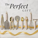 Gold and Beige Kitchen Utensils Set – 8 PC Cooking Gadgets with Mini Gold Whisk and Tongs, Pizza Cutter, Garlic Press, Cheese Grater, Peeler, Can Opener, Scoops – Stylish Beige Kitchen Accessories by CozyNest Decor