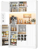 FINETONES 71" Pantry Cabinet with 7-Color LED Light and Charging Station, Kitchen Pantry Cabinet with Microwave Stand, Kitchen Hutch Food Storage Cabinet with Outlet and Wine Racks, White by CozyNest Decor