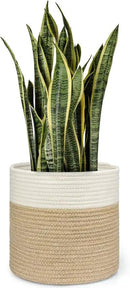 Dahey Jute Spliced Cotton Rope Plant Basket Modern Woven Storage Basket for 10" Floor Indoor Planter, Decorative Flower Pots Cover Laundry Bin with Handle Rustic Home Decor, White and Beige by GreenHaven Gardens