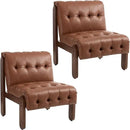 Modern Armless Accent Chair Set of 2 for Living Room, Brown PU Leather Button Tufted Upholstered Lounge Reading Chair with Walnut Wood Frame by CozyNest Decor
