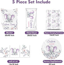 Personalized Baby Crib Bedding Set for Baby Girls, Light Purple Elephant Pattern Custom Name Baby Crib Sets 5-Pcs, Toddler Double Layer Blanket Fitted Sheets Changing Pad Cover Rug Wall Art Set by TinyTreasures Baby Boutique