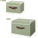 ANMINY 2PCS Storage Bins with Lid PU Leather Handles Storage Boxes PP Plastic Board Decorative Foldable Lidded Cotton Linen Fabric Home Cubes Baskets Closet Organizer Containers - Green, Small Size by CozyNest Decor