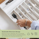 Premium Silverware, Flatware and Utensil Organizer for Kitchen Drawers, Food-Safe Contract Grade, Expandable from 18 to 33 In, White Bamboo by CozyNest Decor