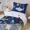 PERFEMET 4 Pieces Toddler Bedding Ocean Animal Printed Toddler Comforter Set Reversible Lightweight Cartoon Bed in A Bag for Toddler Boys Girls(Navy Blue, Sharks/Dolphins/Fish) by TinyTreasures Baby Boutique