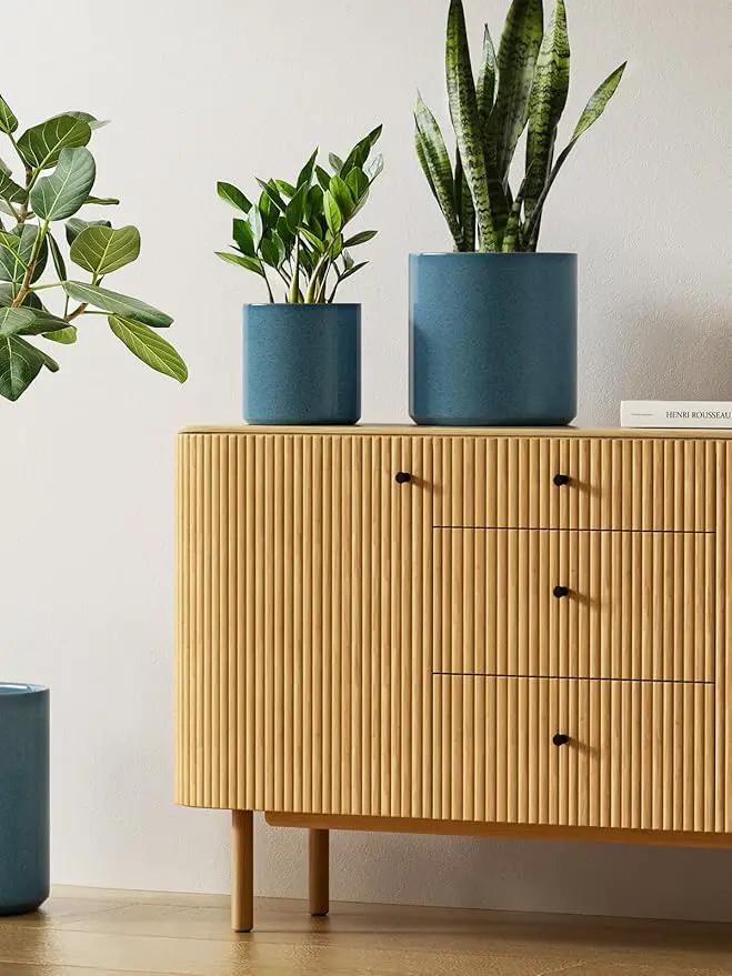 LE TAUCI Ceramic Plant Pots Indoor, 10+8+6 Inch Planters for Indoor Plants, Mid-Century Modern Flower Pots with Drainage Hole and Plug, Cylinder Round Planters, Set of 3, Reactive Glaze Blue, photo 2 of 6
