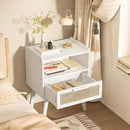 Lerliuo Rattan Nightstand, Bedside Table with Drawer Open Shelf, Cane Accent Side End Table with Solid Wood Legs, White Mid Century Night Stand for Bedroom, Dorm and Small Spaces by CozyNest Decor
