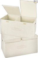 2 Pack Storage Boxes with Lids and Handles, Collapsible Linen Storage Bins Organizer Containers Baskets Cube with Removable Divider for Home Bedroom Closet Office (Cream, Large) by TinyTreasures Baby Boutique