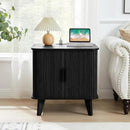 Farmhouse Square End Table with Charging Station, 24" Large Fluted Sofa Side Table with Sliding Tambour Door and Storage, Rustic Curved Wood Nightstand for Living Room, Bedroom, Black by CozyNest Decor