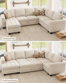 Belffin Modular Sectional Sleeper Sofa with Pull Out Bed U Shaped Sectional Sofa Couch with Storage Ottoman Velvet Covertible 7-Seater Sofa for Living Room Beige by CozyNest Decor