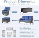 Wicker Patio Furniture Sets - 8 Piece Rattan Outdoor Furniture Conversation Sets with 4 Swivel Rocker Chairs, Rattan Sofa, Wicker Ottomans and Coffee Table, Mixed Grey/Blue by GreenHaven Gardens