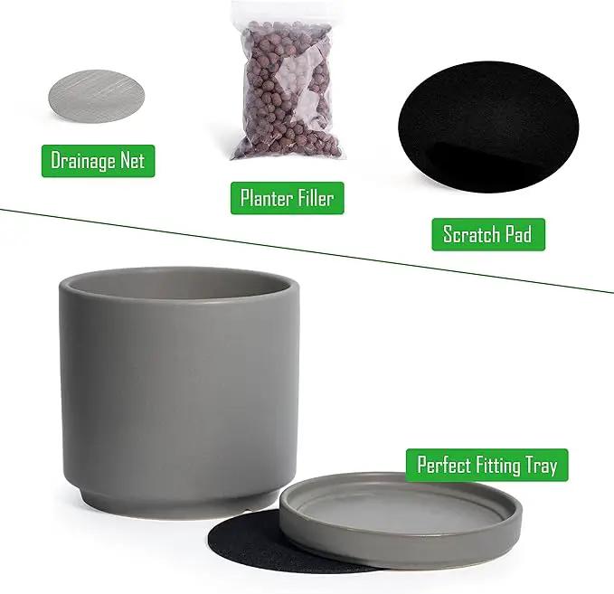D'vine Dev 6 Inch & 8 Inch Ceramic Planter Pots for Plants with Drainage Hole and Saucer, Medium Plant Pots Set, Grey, 94-G-M-3, photo 4 of 7