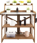 Folding Potting Bench Table,Outdoor Potting Bench Garden Wooden Potting Table,Fir Wood Workstation Planting Table with Galvanized Tabletop,2 Tier Storage Shelves,Top Shelf(Brown) by GreenHaven Gardens