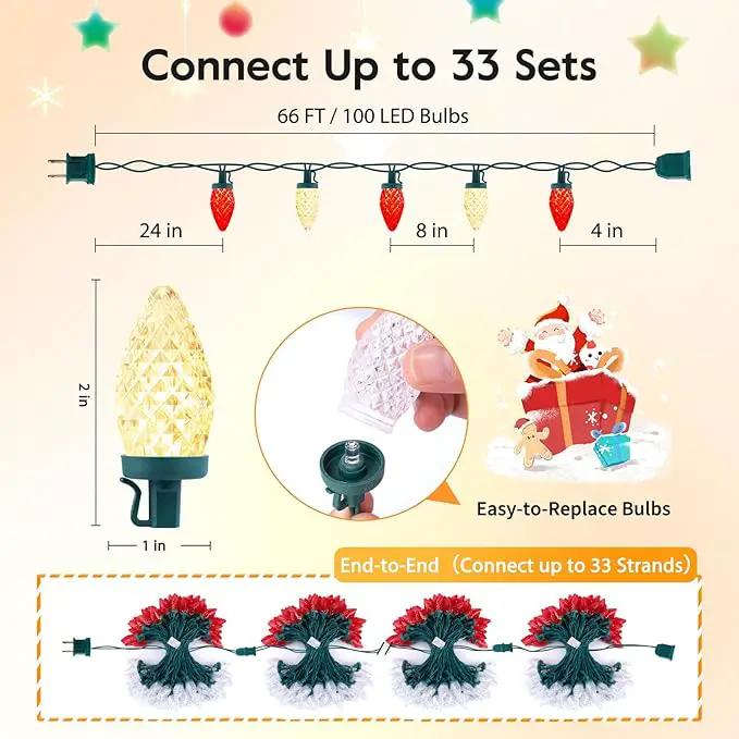 Brightown C9 LED Christmas String Lights, 66ft 100 LED Waterproof Strawberry String Lights, Plug-in Extendable Green Wire Lights String for Outdoor Outside Patio Party Decoration, Red and Warm White, photo 3 of 8
