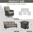 Outdoor Patio Furniture Set with 50000BTU Propane Fire Pit Table, 4 Pieces Wicker Patio Conversation Set with 2 Swivel Rocker Glider Chairs Rattan Sofa Grey Cushion Perfect for Gathering by GreenHaven Gardens