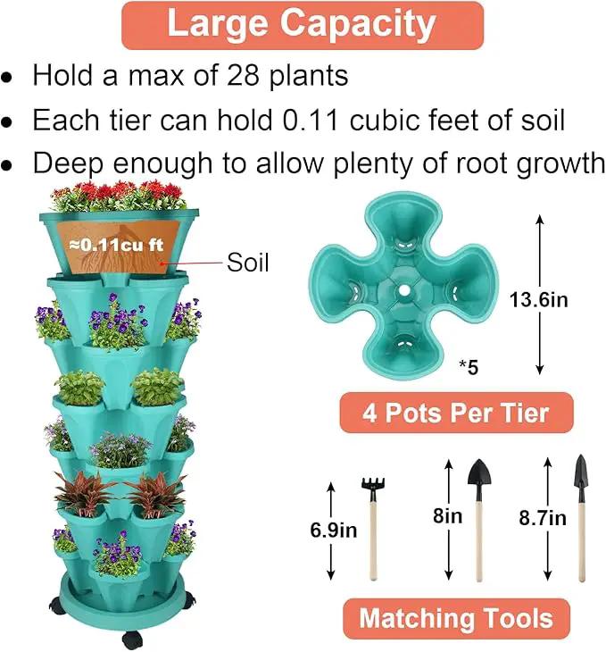 Vertical Planter 7 Tier Stackable Planters Garden Planters Strawberry Herb Flower and Vegetable Planter Indoor Outdoor Gardening Pots with Removable Wheels and Tools, photo 5 of 9