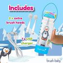 brush-baby WildOnes Kids Electric Rechargeable Toothbrush Penguin, 1 Handle, 3 Brush Heads, USB Charging Cable, for Ages 0-10 (Penguin) by TinyTreasures Baby Boutique