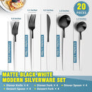 Matte Black White Silverware Set for 4,Modern Stainless Steel Brushed Cutlery Set,20-Pieces Heavy Duty Flatware Set,Knives Spoons and Forks Set Utensils Set, Satin Finish, Dishwasher Safe by CozyNest Decor