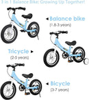 Balance Bike 2 in 1,The Dual Use of a Kids Balance Bike and Toddler Bike, for 2 3 4 5 6 7 Years Old -12 14 16 Inches with Training Theory, Brake, Pedal by TinyTreasures Baby Boutique