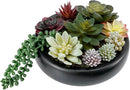 MyGift 8-Inch Artificial Succulent Plant Arrangement, Assorted Fake Plants in Modern Black Round Concrete Planter Bowl by CozyNest Decor