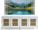 JYED Mid Century Modern TV Stand for TVs up to 75", 69.5" W White Entertainment Center with 4 Gold Metal Mesh Doors - Wood Grain MDF TV Console, Media Storage by CozyNest Decor