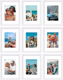 Vittanly 9x12 Picture Frames Set of 9, Shatter Resistant Plexiglass, Display 6x8 Pictures with Mat or 9x12 without Mat, Photo Frames for Wall or Tabletop, Engineered Wood, White by CozyNest Decor