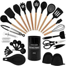 Country Kitchen Non Stick Silicone Utensil Set with Rounded Wood Handles for Cooking and Baking, 38 Piece Set, Black by CozyNest Decor