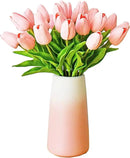 Mandy's Artificial Tulips 28 Stems Light Pink with Gradient Pink Vase PU Faux Flowers for Wedding Home Decor 13.5 Inch by CozyNest Decor