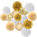 White Gold Party-Decorations Paper Flowers Lanterns - 15PCS Engagement Birthday Graduation Wedding Tissue Pom Poms Streamers,Neutral Bachelorette Baby Bridal Shower Hanging Supplies Decor Hugfond by CozyNest Decor